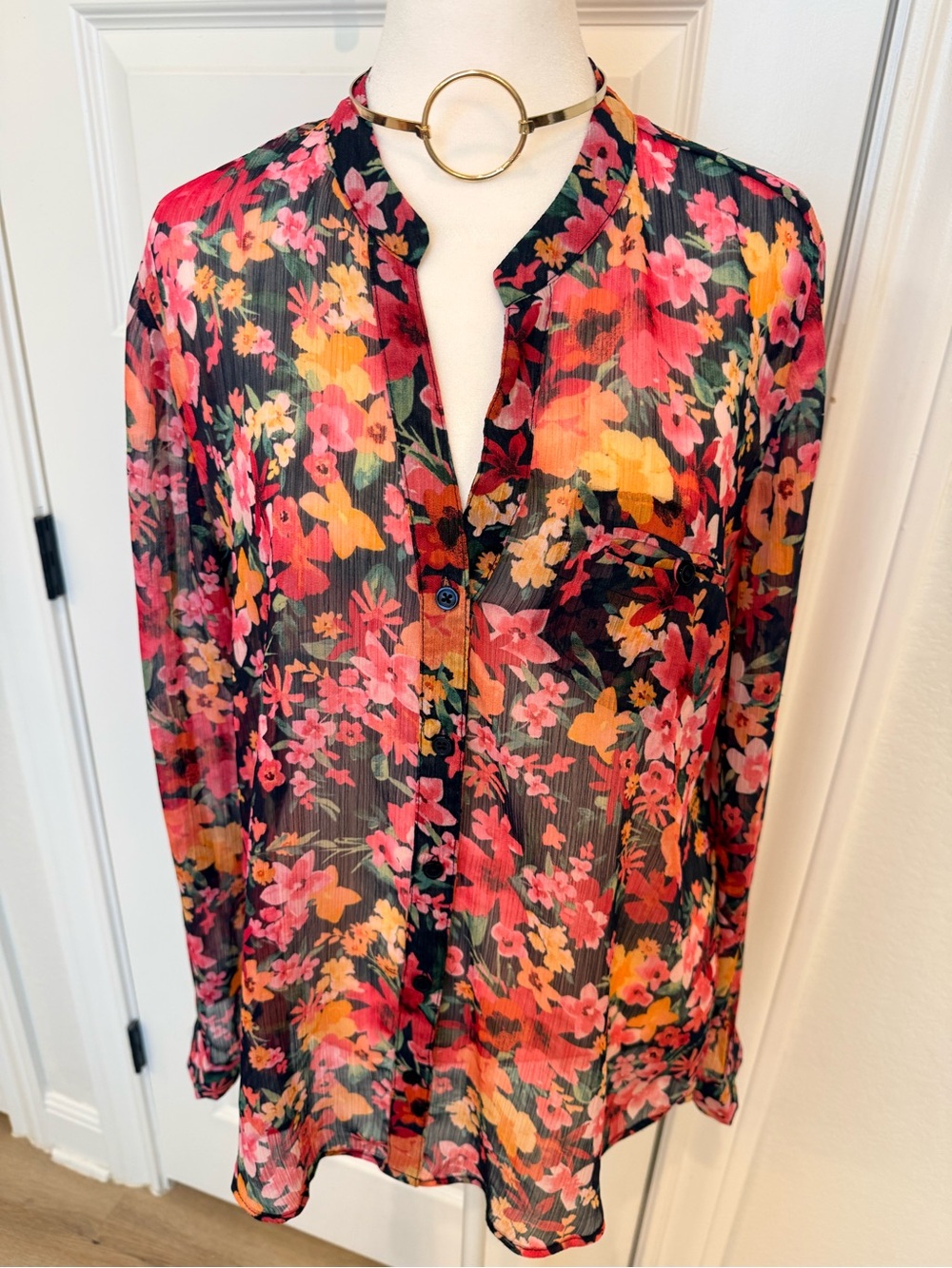 Kut Sheer Floral Button-Down Blouse - Pink & Orange Floral